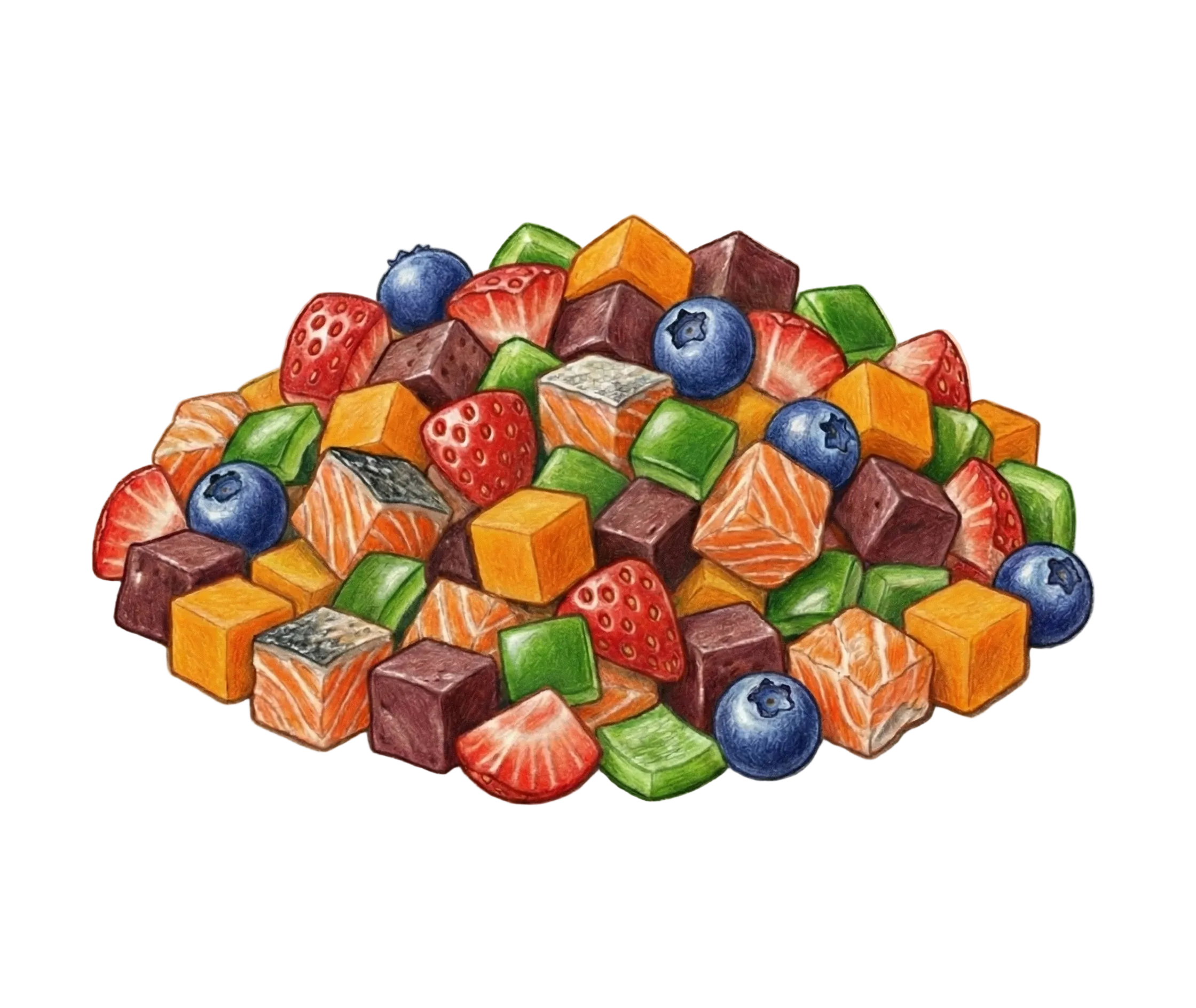 A neatly stacked pile of fresh ingredients - Salmon, Chicken, Beef Liver, Pumpkin, Blueberries, Bell Pepper and Strawberries.